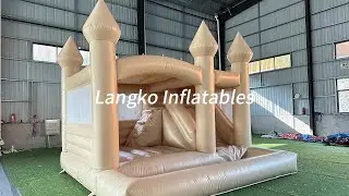 Dark skinned steeple inflatable bounce house with slide and pool