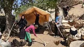 Nomadic life in the Zagros Mountains, setting up a tent in the style of Iranian nomads