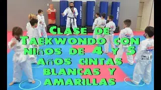 Clase de Taekwondo con niños de 4 y 5 años cintas blancas y amarillas.