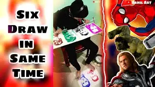 Six drawing in Same time Challenge 🔥| Spiderman, Ironman, Thor, Dr Strange, Hulk drawing #sahilart