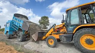 JCB 3DX Wed mix Spread Out Labours Keep Checking and Road Roller Vibrating for Old Road Renovation
