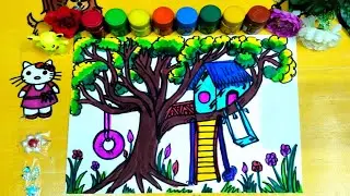 Learn How to Draw A Beautiful Tree House 😍😍//Easy Tree House Drawing Step by Step 🥰🥰 //Tree House 🏠