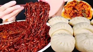 ASMR GIANT DUMPLING SPICY BLACK BEAN NOODLES SPAM MUKBANG 왕만두 짜파게티 먹방 団子 辛い チャパゲティ 咀嚼音 EATING SOUNDS