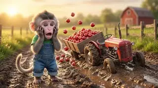 Baby Monkey&rsquo;s Apple Delivery Disaster! Tractor Stuck in Mud! 🐒🍎🚜