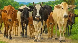 Puluhan sapi berjalan dan beraktivitas Di ladang, Suara sapi Moo, kawanan Sapi lucu di ladang rumput