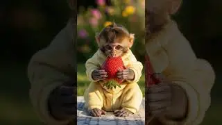 Cute Baby Monkey in Pajamas Holding a Giant Banana Smile #babymonkey #cuteanimals #pajamas
