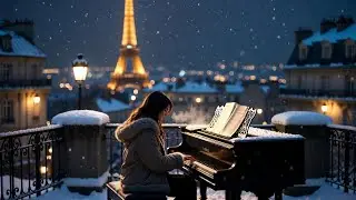 Paris Winter Piano Ambience / Relaxing Piano Music, Snowfall over Eiffel Tower & Cozy Night