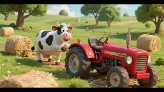 Moo Moo Cow Helps Red Tractor Pull Hay | Nursery Rhymes & Kids Songs
