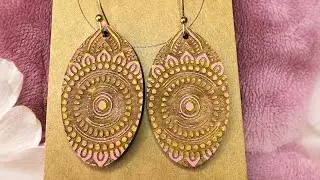 Hand Painted  Mandala Pointed Oval Wood Earrings Pink Orange and Gold Tutorial
