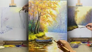 Acrylic Autumn Landscape | Boat on the Quiet River | HAO ART