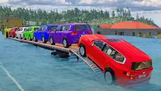 Triple Flatbed Trailer McQueen Transportation with Truck - Speedbumps vs Cars vs Train - BeamNG #36