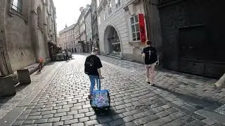 Walk through empty streets of Prague in the morning
