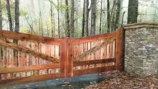 Custom Cedar Driveway Gate, Stone Columns & Fencing