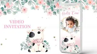 Cow birthday video invitation, Cow Pink flowers Invite