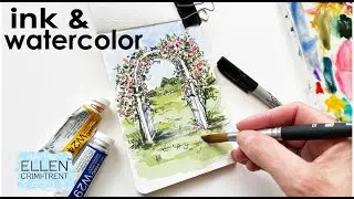 Ink and watercolor  rose garden gate