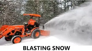 195 - Snowblower Blasting Snow At Trees - Kubota Tractor With Snowblower