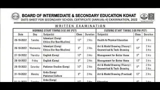 Bise Kohat Board Matric Date Sheet 2022 Annual Examination