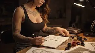 Tattooed Woman Sketching Portrait &mdash; Dark Studio Vibes