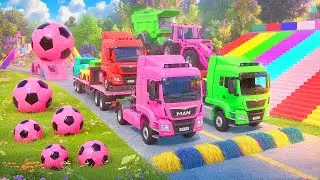 Double Flatbed Trailer Truck vs Lava River vs McQueen vs Suspension Bridge vs Cars – BeamNG.Drive