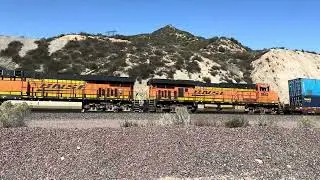 BNSF 4237 Leads Eastbound Monster Stack Train Rolling Through Blue Cut CA.