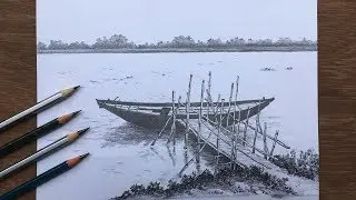 Boat drawing in pencil | simple pencil sketch | River drawing with boat