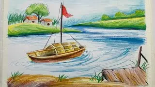 Tranquil River Scene: Pencil Drawing of a Small Boat and Cottage