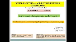 BE3254 - Electrical and Instrumentation Engineering, Unit wise important questions