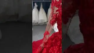 B206# Red Long Sleeve Beading 3D Lace Weeding Grown Dress With Long Trail