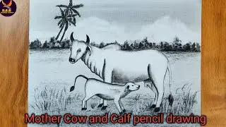 Cow and calf pencil drawing/mother Cow and baby drawing 