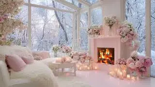 Warm Winter Room Ambience with Fireplace Glow and Snow Outside for Romantic Relaxation