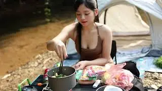 SOLO CAMPING in Deep Forest | Inflatable Tent by the Stream | Relaxing Water Sounds & Birds Chirping