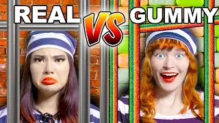 GUMMY VS REAL FOOD IN JAIL CHALLENGE FOR 24 HOURS | REAL JAIL VS GUMMY JAIL BY SWEEDEE