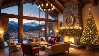 Christmas Fireplace Ambience | Luxury Snowy Chalet Night & Cozy Mountain View