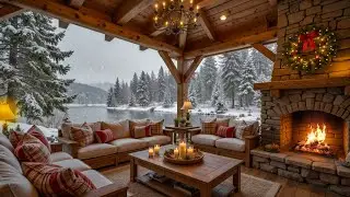 Tranquil Wooden Porch by Winter Lake ❄ Piano Music Background with Crackling Fire for Relaxation