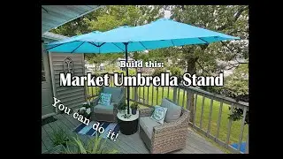 Build this market umbrella planter or side table. Sturdy umbrella base that you can build.