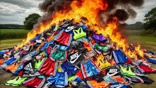 Burning piles of Nylon Sport Clothes from Adidas Nike Speedo. Sport Bras, Nylon Shorts, Swimsuits