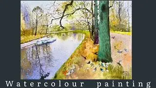 Easy Watercolour Autumn Landscape for Beginners (Park & Lake Tutorial) RAJU MORE I