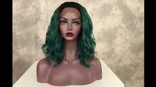 ReadyWig Green Wavy Short Hair Dark Roots Synthetic Lace Front Wig 16 Inches