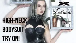 high neck bodysuit and latex-lace suspender belt try on