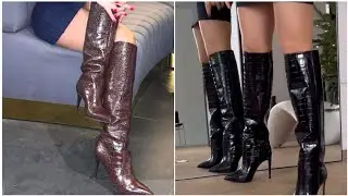 Versatile collection of leather low knee high heel boots for women// latex outfit //2026 footwear