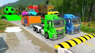 Double Flatbed Trailer Truck vs speed bumps|Busses vs speed bumps|Beamng Drive|BEAMNG4K#16