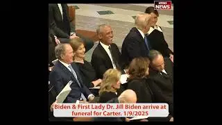Obama chuckles as Trump whispers in his ear; Trump shakes hands with VP Al Gore & Mike Pence