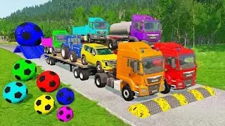 Flatbed Truck Transporting McQueen - Speed Bumps Challenge | Cars vs Train | [BeamNG.Drive] #15
