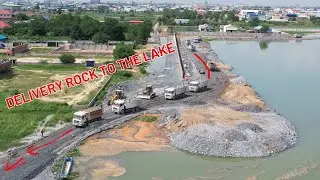 Dump Truck Delivery Rock with Bulldozer and Wheel Loader Push rock in to water