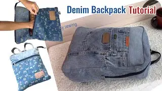 Denim backpack from old jeans , school bag ideas from old jeans , School bag sewing tutorial.
