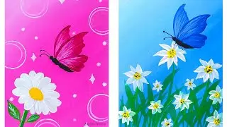 Easy Butterfly & Flower Art | Floral Acrylic Painting On Pink & Blue Background for Kids & Beginners