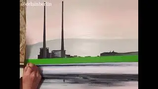 Acrylic Painting: Using tape to guide a straight line and reveal Poolbeg Towers Dublin Canvas detail