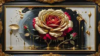 Vintage Moody Flower Painting Red Roses Gold Leaf | Gold Framed 4K Tv Art Background Wallpaper