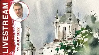 Monday Livestream 15: Plein Air, Ukrainian Church in Lachine, Quebec (Watercolor Cityscape)