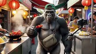 Gorilla exploring an Asian food market part 2